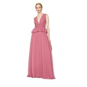 LDT Pink Metallic Peplum V-Neck Maxi Gown‎ Dress Size 8